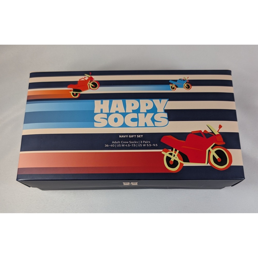 Happy Socks Navy Gift Set 3 Pairs Adult Crew Socks Motorcycle Stripes P001720